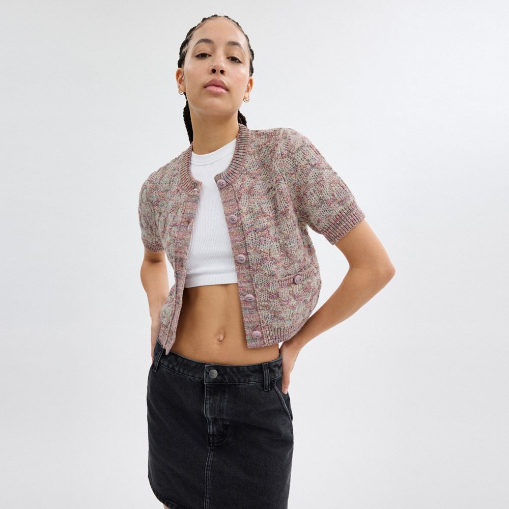 COACH®,Short Sleeve Knit Top,Cotton,Linen,Cotton Blend,Cardigan,Button,Casual,Multi Color,Scale View