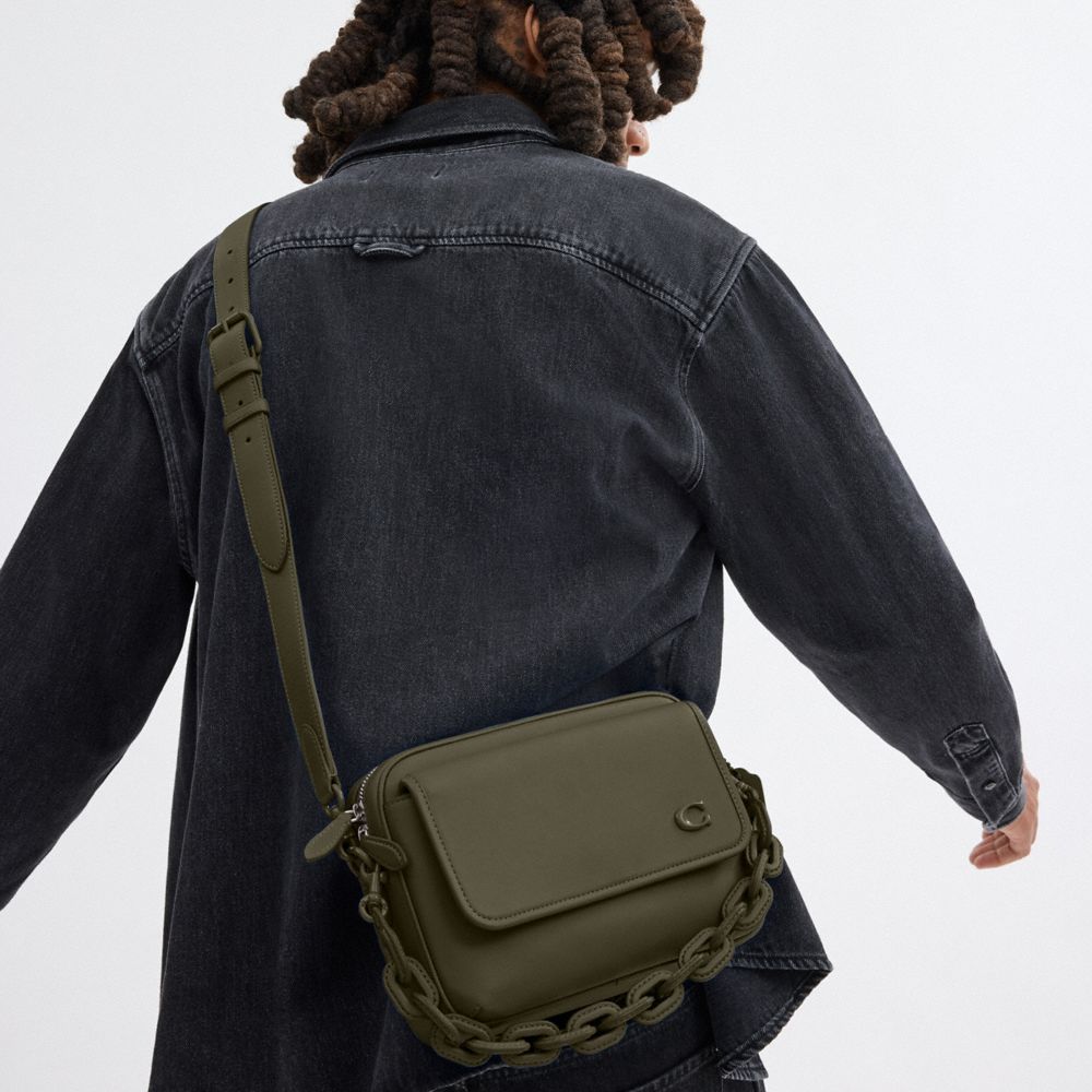 COACH®,Charter Flap Crossbody Bag 24,Leather,Crossbody,Chain Detail,Logo,Metal,Embossed,Casual,Olive,Detail View