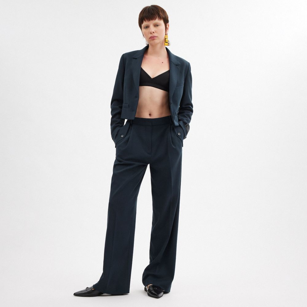 COACH®,Cropped Blazer,Polyester,Viscose,Blazer,Tag Embellishment,Logo,Work,Navy,Scale View