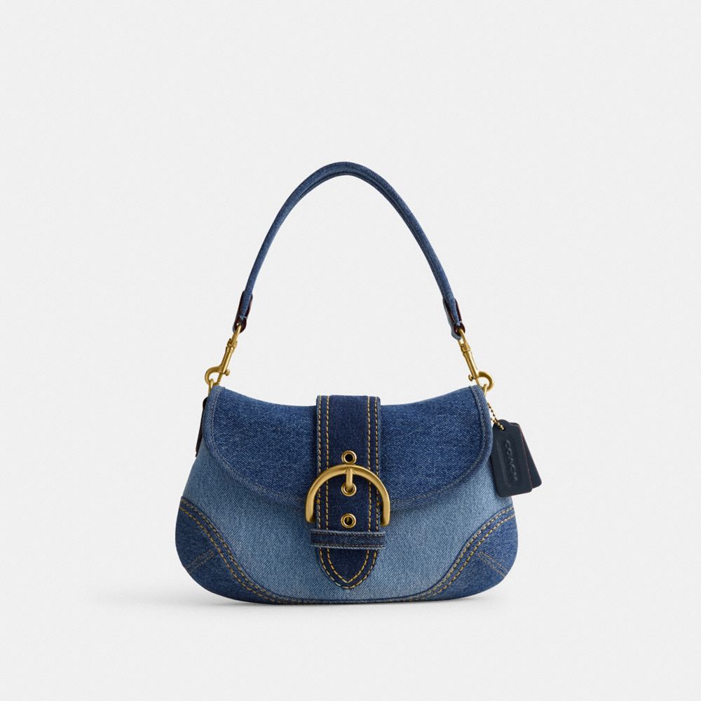 COACH®,SOHO BAG IN REPURPOSED DENIM,Denim,Medium,Brass/Blue Multi,Front View