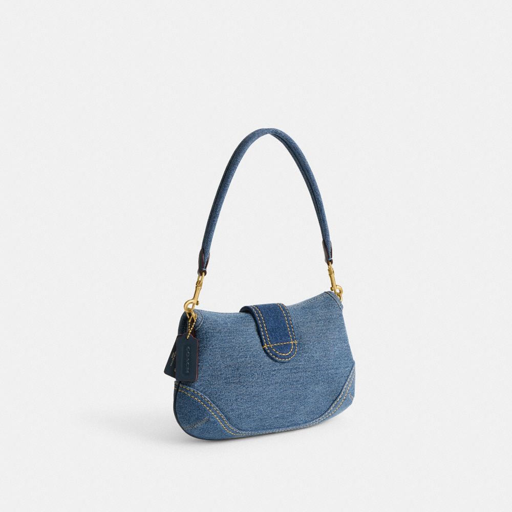 COACH®,SOHO BAG IN REPURPOSED DENIM,Denim,Medium,Brass/Blue Multi,Angle View