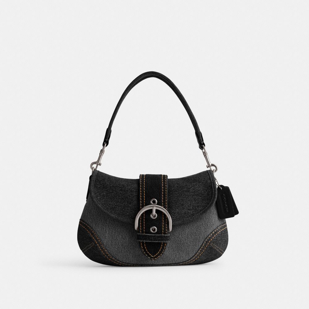 COACH®,SOHO BAG IN REPURPOSED DENIM,Denim,Medium,Silver/Black,Front View image number 0