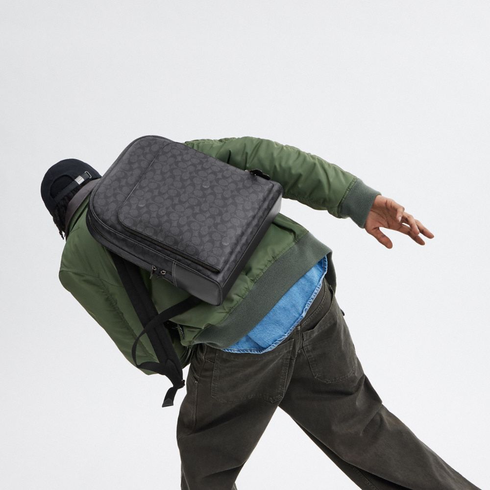 COACH®,Gotham Backpack In Signature Canvas,Leather,Backpack,Piping,Black,Detail View
