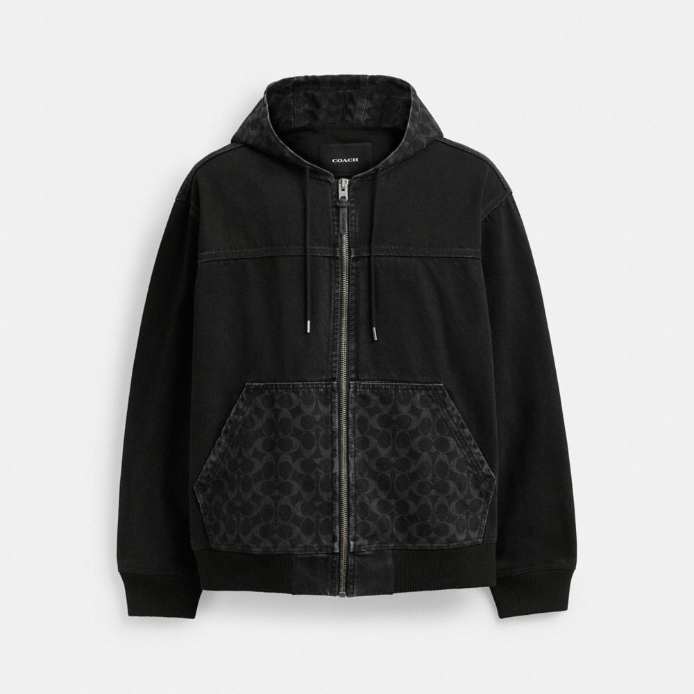 Black denim zip up jacket sale