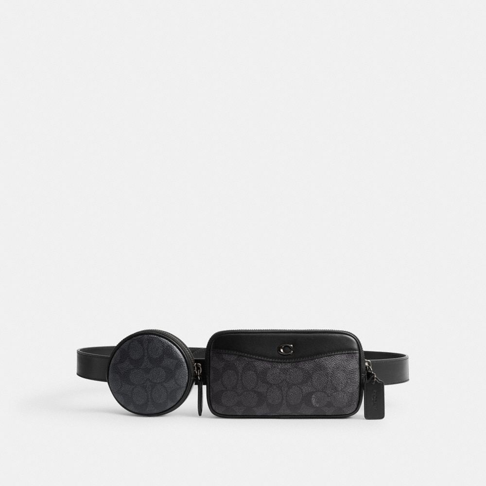 COACH®,MULTI POUCH BELT BAG IN SIGNATURE CANVAS,Mini,Charcoal,Front View image number 0