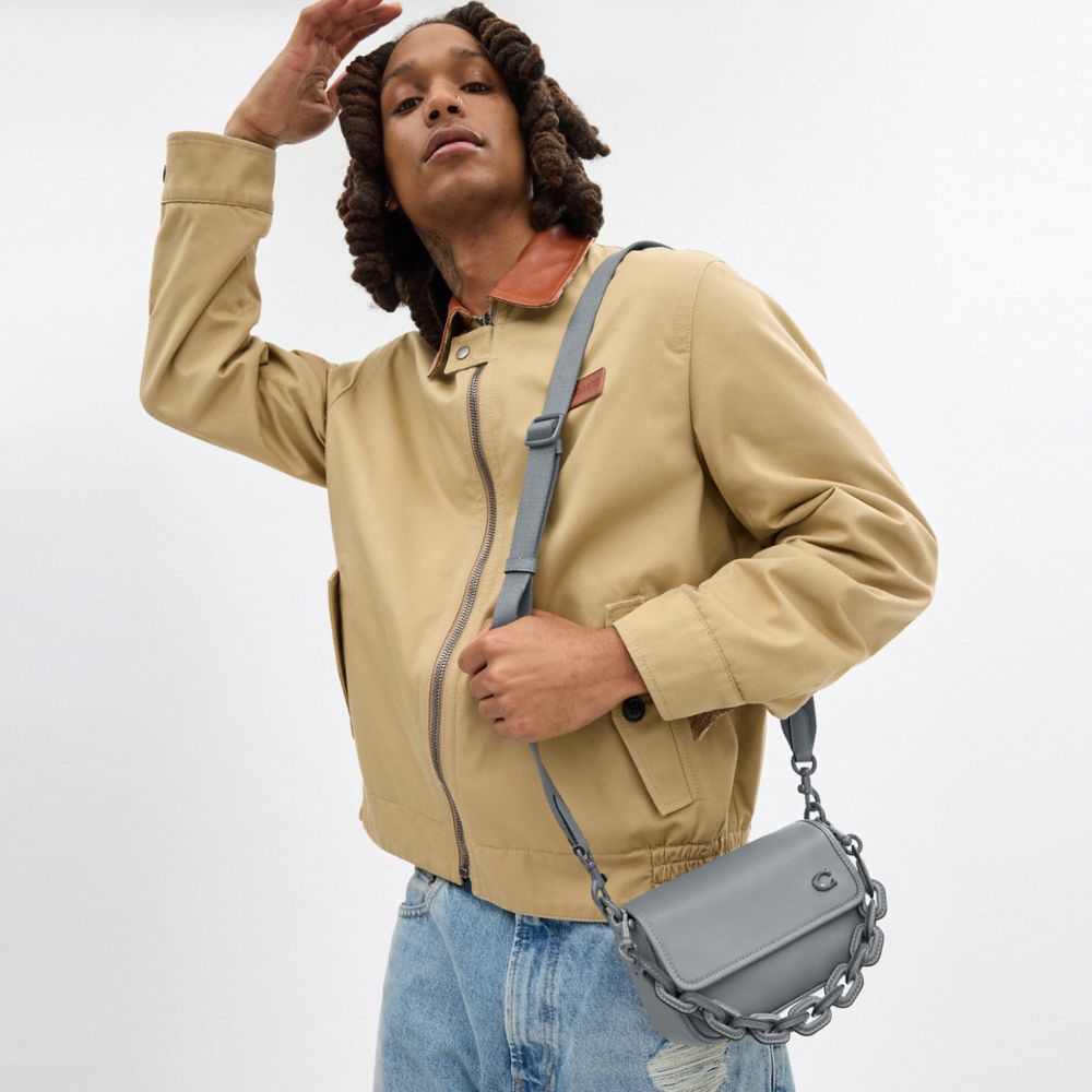 COACH®,Charter Flap Crossbody Bag 18,Leather,Crossbody,Chain Detail,Embossed,Metal,Logo,Casual,Gray,Detail View