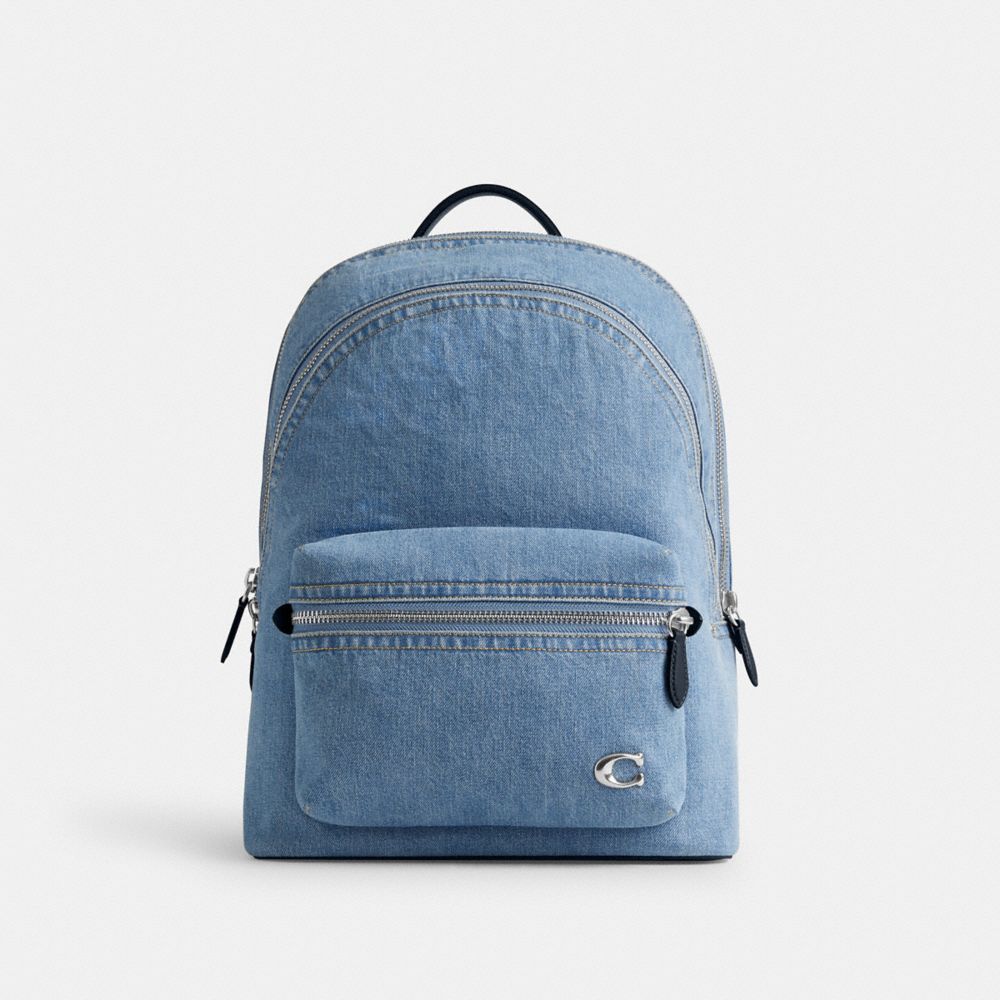 COACH®,CHARTER BACKPACK,Denim,X-Large,Indigo Denim,Front View