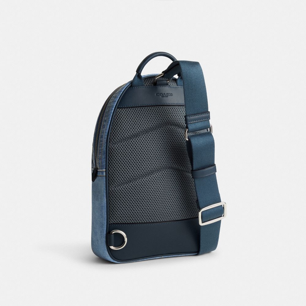 COACH®,CHARTER PACK,Denim,Medium,Indigo Denim,Angle View