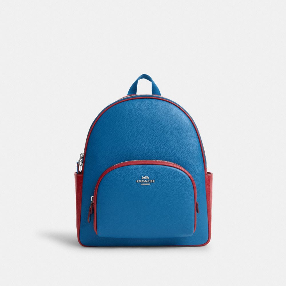 COACH®,COURT BACKPACK IN COLORBLOCK,Leather,Silver/Blue Jay/Dark Cardinal,Front View