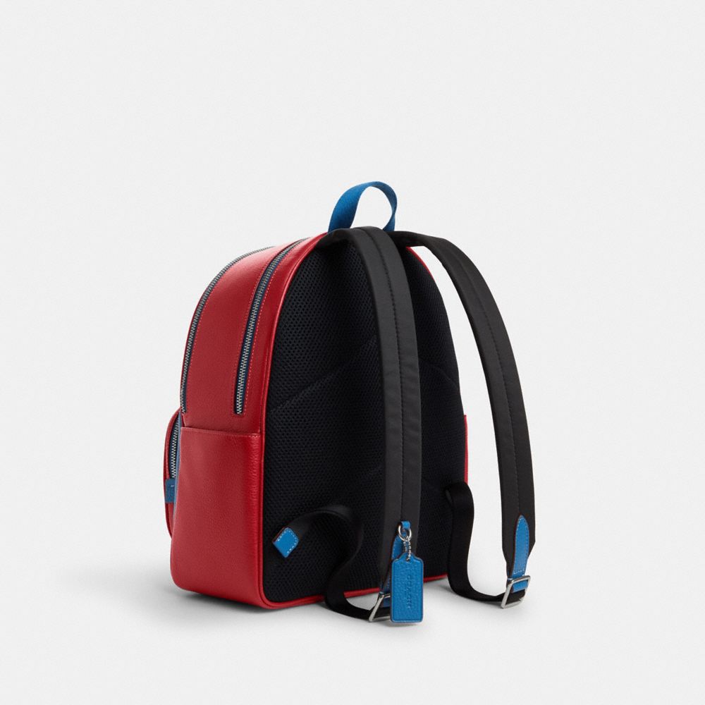 COACH®,COURT BACKPACK IN COLORBLOCK,Novelty Leather,Large,Silver/Blue Jay/Dark Cardinal,Angle View