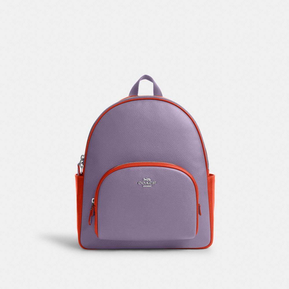 COACH®,COURT BACKPACK IN COLORBLOCK,Leather,Silver/Light Violet/Electric Coral,Front View