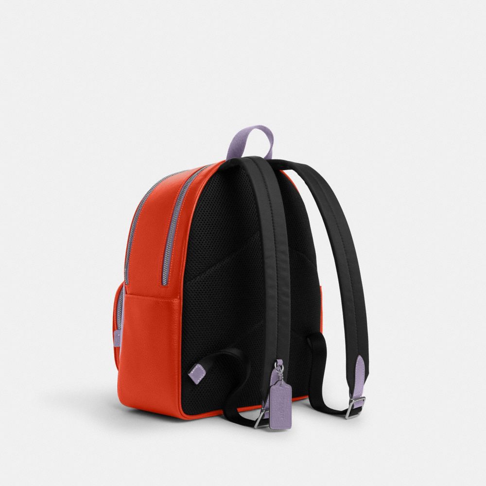 COACH®,COURT BACKPACK IN COLORBLOCK,Novelty Leather,Large,Silver/Light Violet/Electric Coral,Angle View