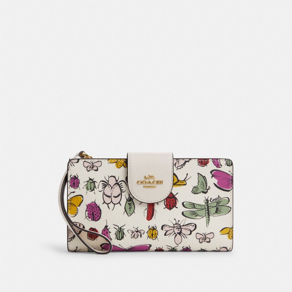 COACH®,PHONE WALLET WITH CREATURE PRINT,Novelty Print,Gold/Chalk Multi,Front View