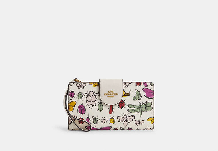 COACH®,PHONE WALLET WITH CREATURE PRINT,pvc,Gold/Chalk Multi,Front View