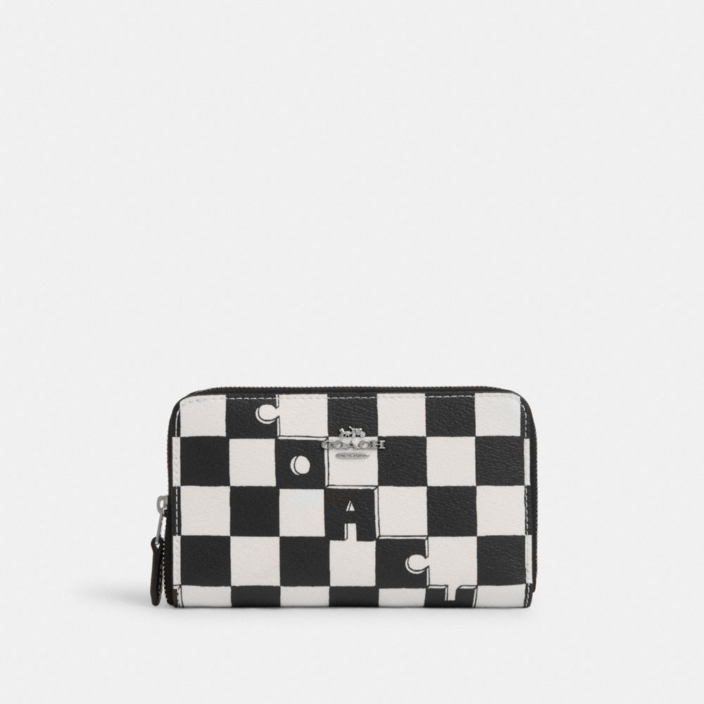 COACH®,MEDIUM ID ZIP WALLET WITH CHECKERBOARD PRINT,Novelty Print,Mini,Silver/Black/Chalk,Front View