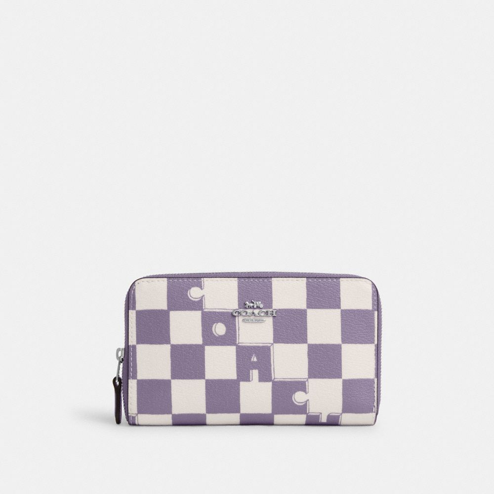 COACH®,MEDIUM ID ZIP WALLET WITH CHECKERBOARD PRINT,Novelty Print,Mini,Silver/Light Violet/Chalk,Front View