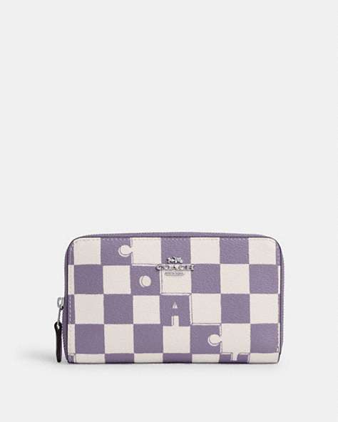 COACH®,MEDIUM ID ZIP WALLET WITH CHECKERBOARD PRINT,pvc,Mini,Silver/Light Violet/Chalk,Front View