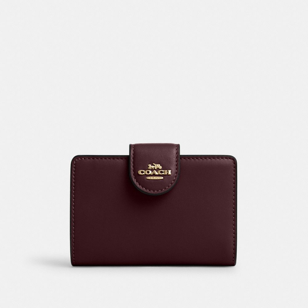 COACH®,Medium Corner Zip Wallet,Calfskin Leather,Bi Fold,Logo,Casual,Maroon,Front View