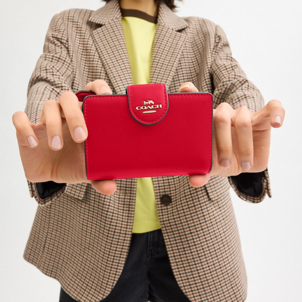 COACH®,Medium Corner Zip Wallet,Calfskin Leather,Bi Fold,Logo,Casual,Red,Detail View