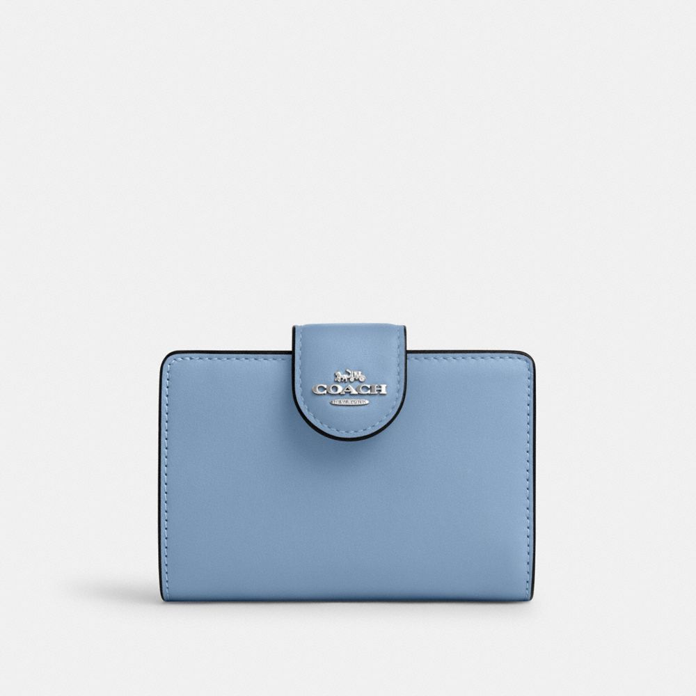 COACH®,MEDIUM CORNER ZIP WALLET,Smooth Leather,Mini,Silver/Cornflower/Field Flora,Front View