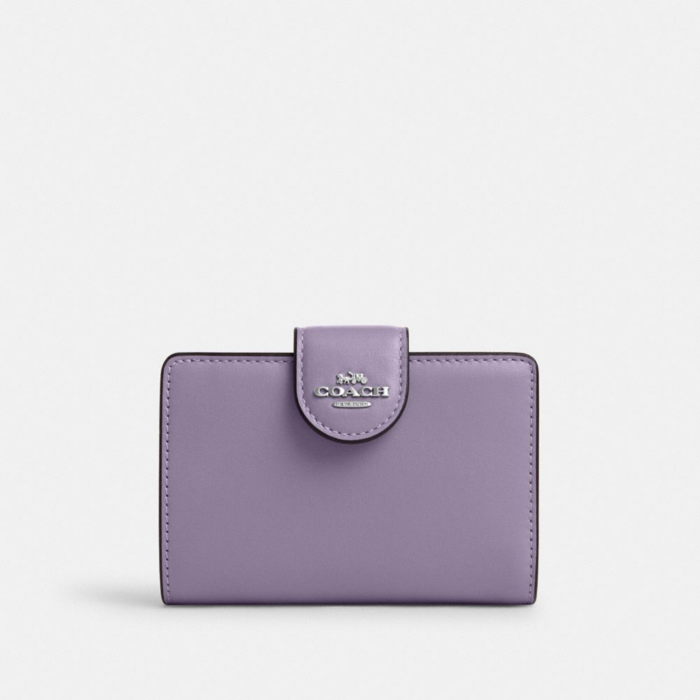COACH®,MEDIUM CORNER ZIP WALLET,Smooth Leather,Mini,Silver/Light Violet,Front View