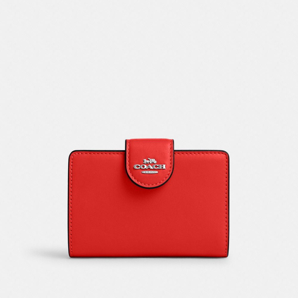 COACH®,MEDIUM CORNER ZIP WALLET,Smooth Leather,Mini,Silver/Miami Red,Front View