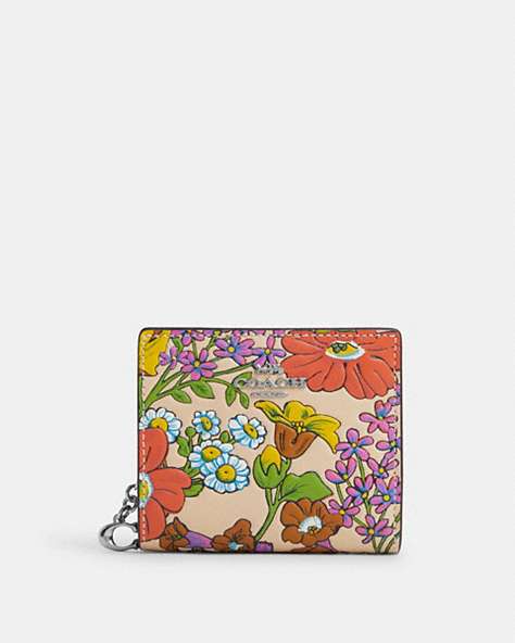 COACH®,SNAP WALLET WITH FLORAL PRINT,Leather,Mini,Silver/Ivory Multi,Front View