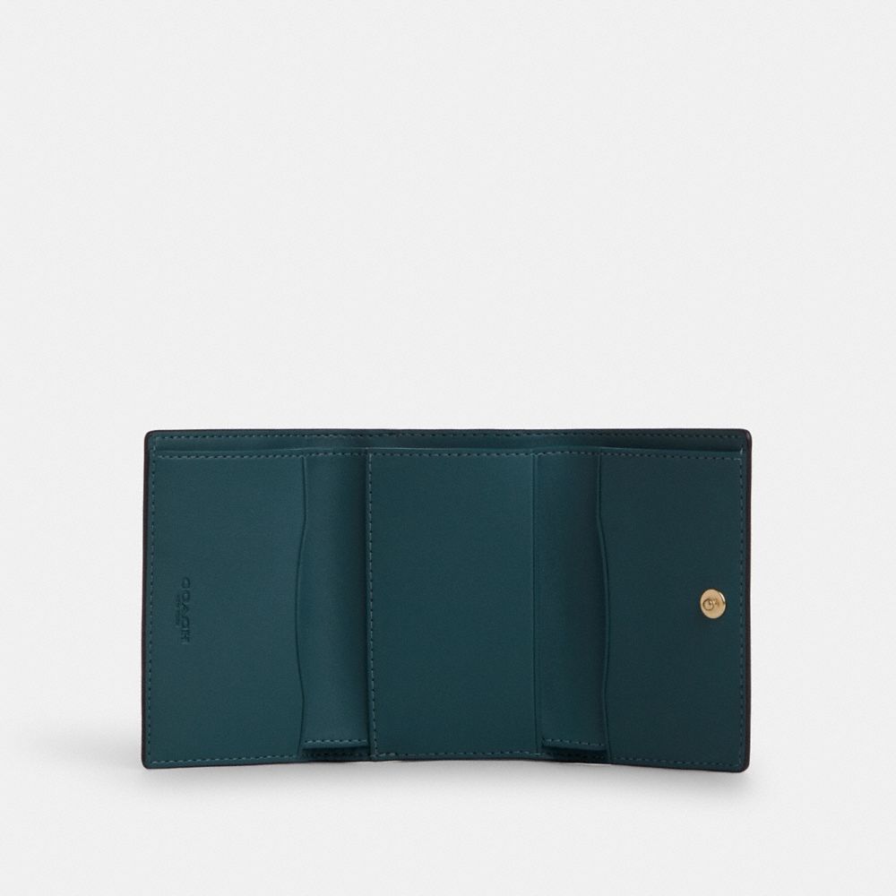 COACH®,Micro Wallet,Calfskin Leather,Tri Fold,Logo,Casual,Green,Inside View,Top View