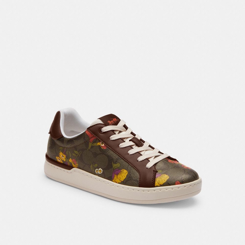 COACH®,CLIP LOW TOP SNEAKER IN SIGNATURE CANVAS WITH FLORAL PRINT,mixedmaterial,Dark Saddle,Front View