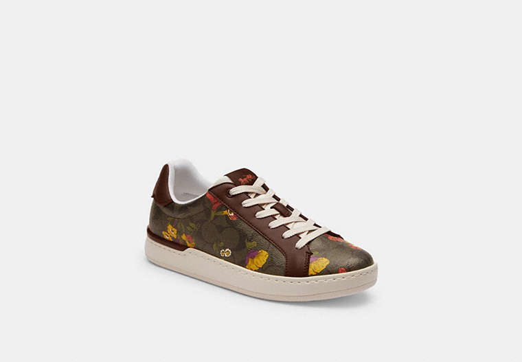 COACH®,CLIP LOW TOP SNEAKER IN SIGNATURE CANVAS WITH FLORAL PRINT,mixedmaterial,Dark Saddle,Front View