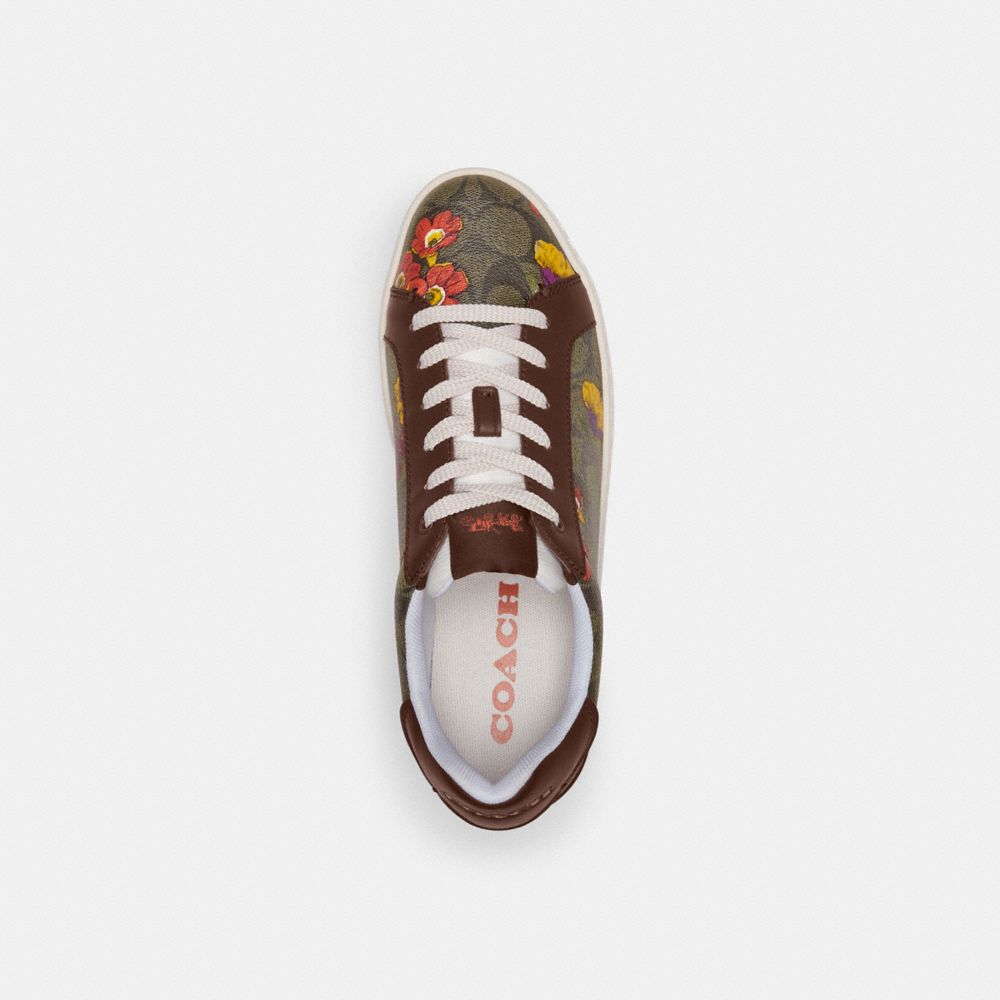 COACH®,CLIP LOW TOP SNEAKER IN SIGNATURE CANVAS WITH FLORAL PRINT,Dark Saddle,Inside View,Top View