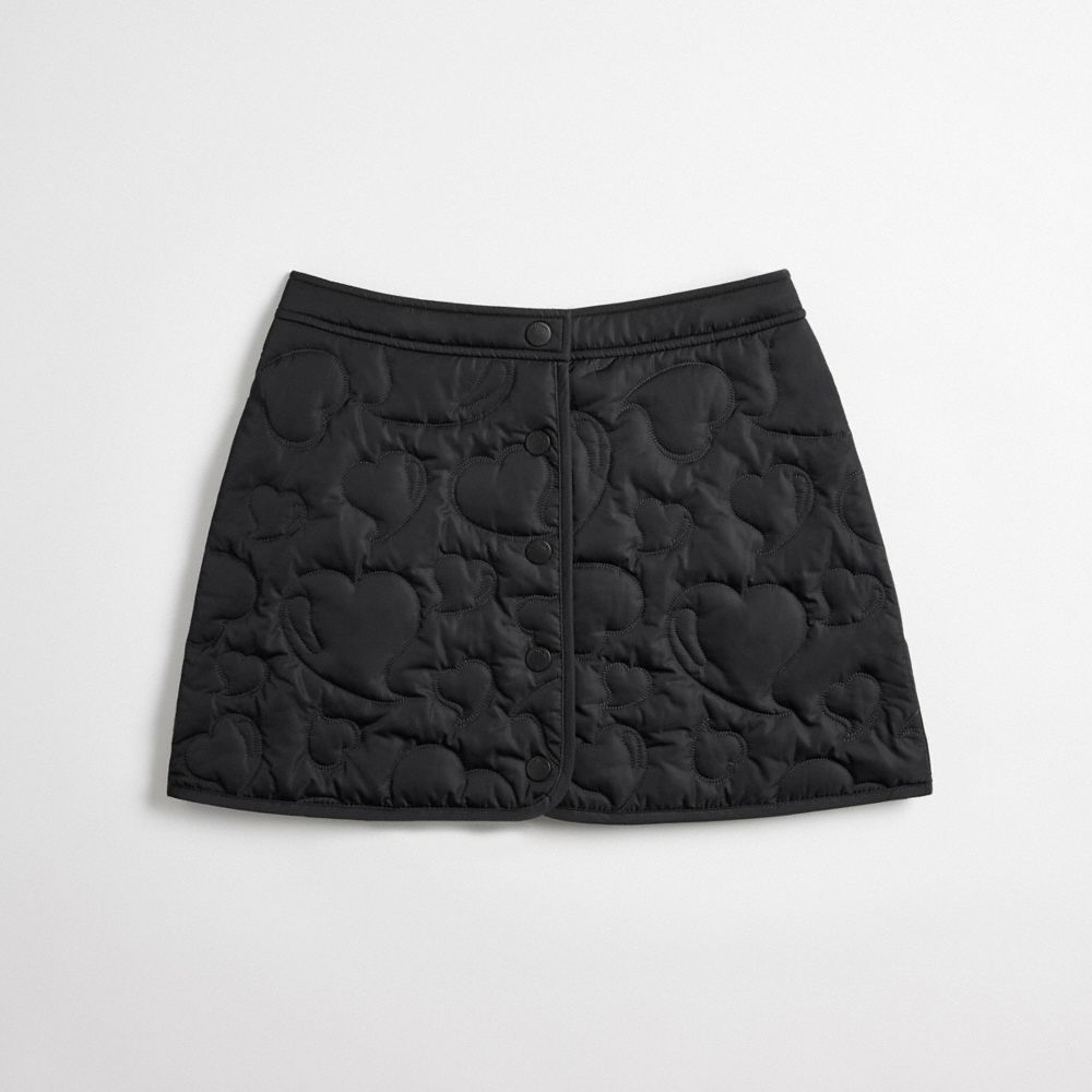 COACH®,Mini-jupe matelassée à cœurs Boucle Coachtopia,Polyester recyclé,Noir,Front View