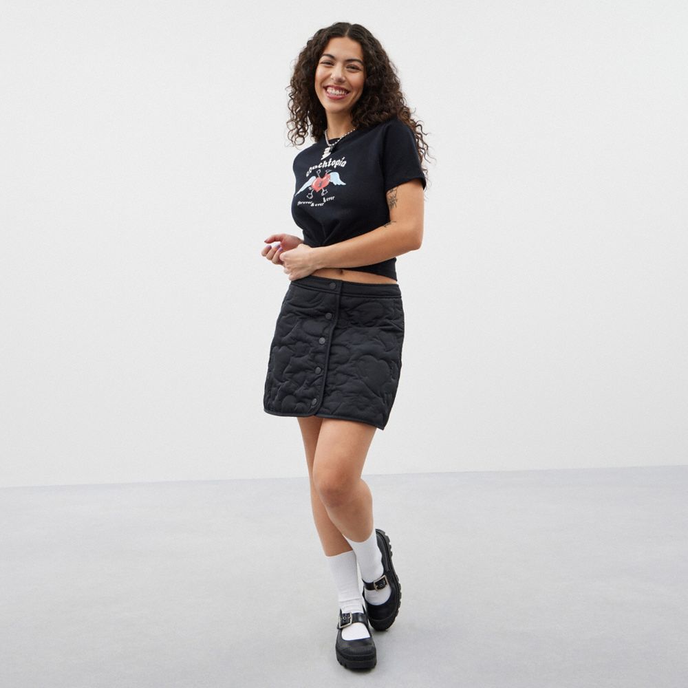 COACH®,Coachtopia Loop Quilted Heart Mini Skirt,Recycled Polyester,Polyester,A-Line,No Embellishment,Casual,Black,Scale View