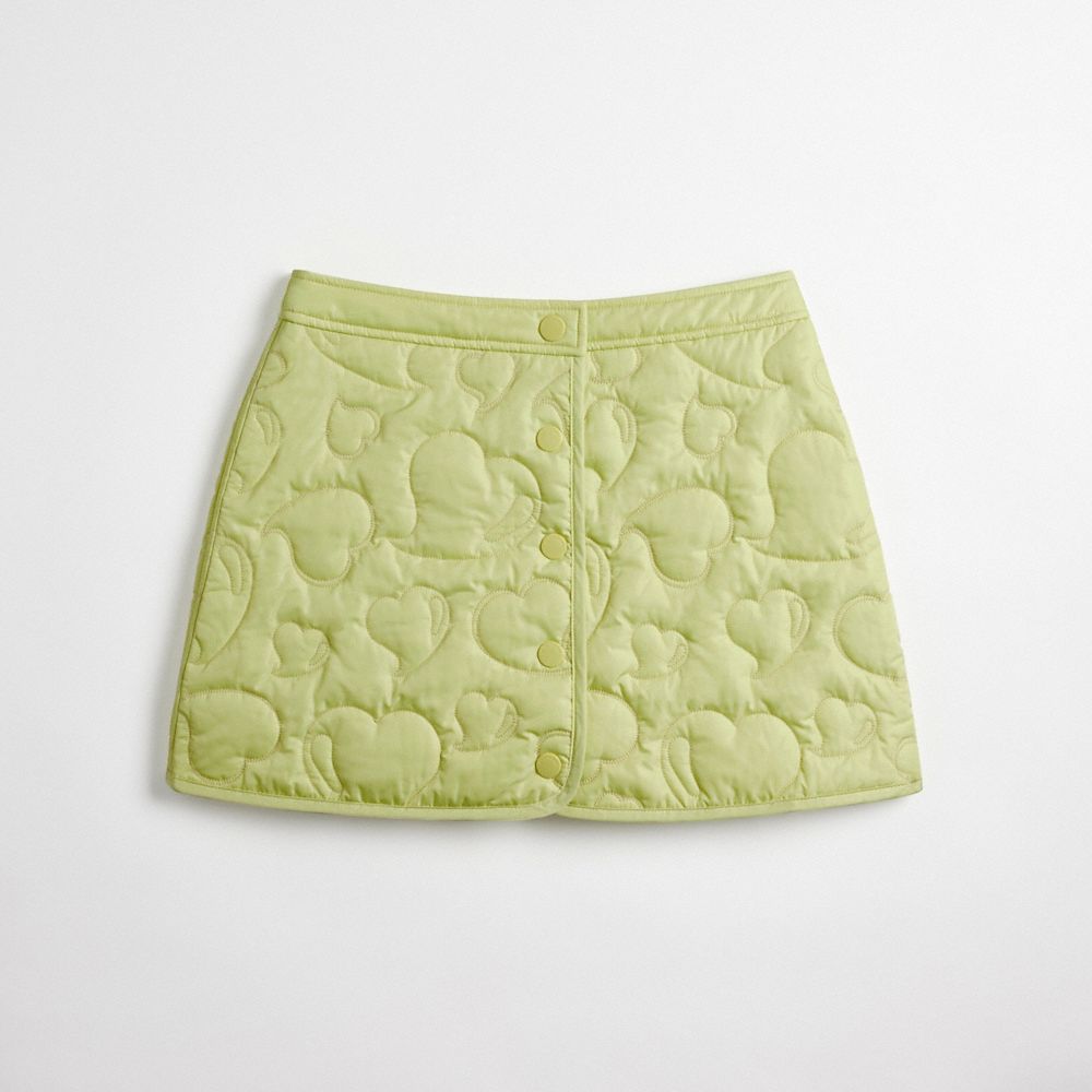 COACH®,Coachtopia Loop Quilted Heart Mini Skirt,Recycled Polyester,Coachtopia Loop,Pale Lime,Front View