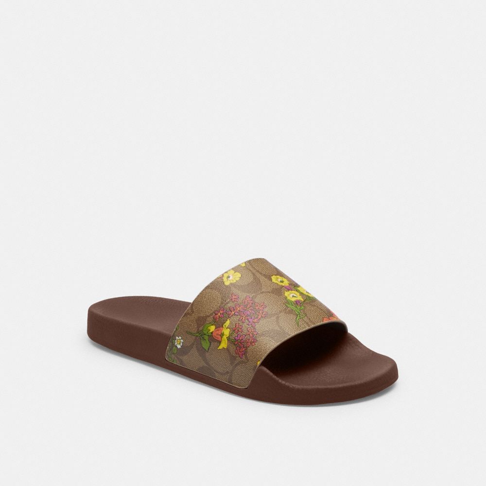 COACH®,ULI SPORT SLIDE IN SIGNATURE CANVAS WITH FLORAL PRINT,Dark Saddle,Front View