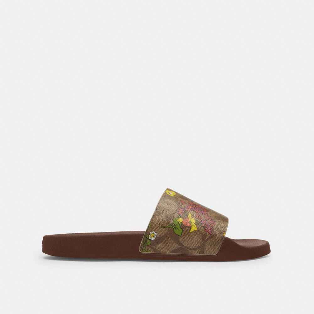 COACH®,ULI SPORT SLIDE IN SIGNATURE CANVAS WITH FLORAL PRINT,Dark Saddle,Angle View