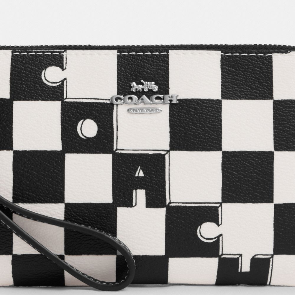 COACH®,Corner Zip Wristlet With Checkerboard Print,Canvas,Leather,Coin,Wristlet,Word Embellishment,Logo,Casual,Multi Color