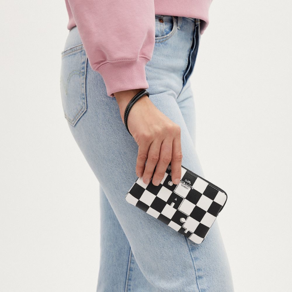 COACH®,Corner Zip Wristlet With Checkerboard Print,Canvas,Leather,Coin,Wristlet,Word Embellishment,Logo,Casual,Multi Color,Detail View