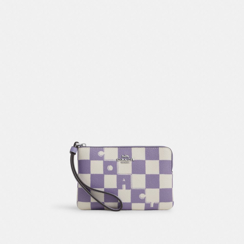 COACH®,CORNER ZIP WRISTLET WITH CHECKERBOARD PRINT,Novelty Print,Mini,Silver/Light Violet/Chalk,Front View