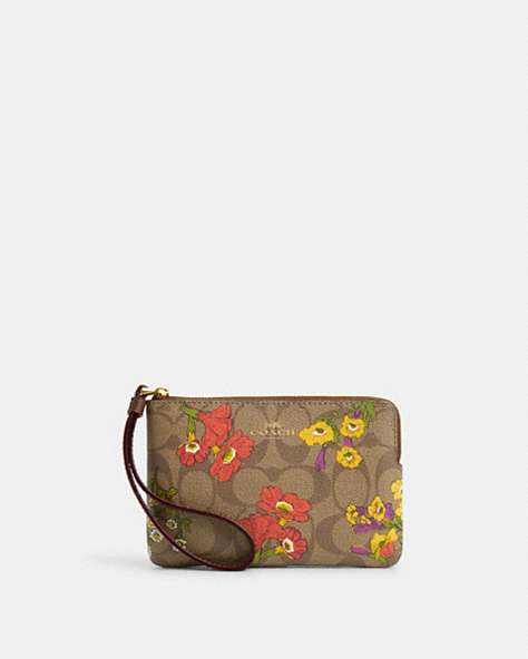 Corner Zip Wristlet In Signature Canvas With Floral Print