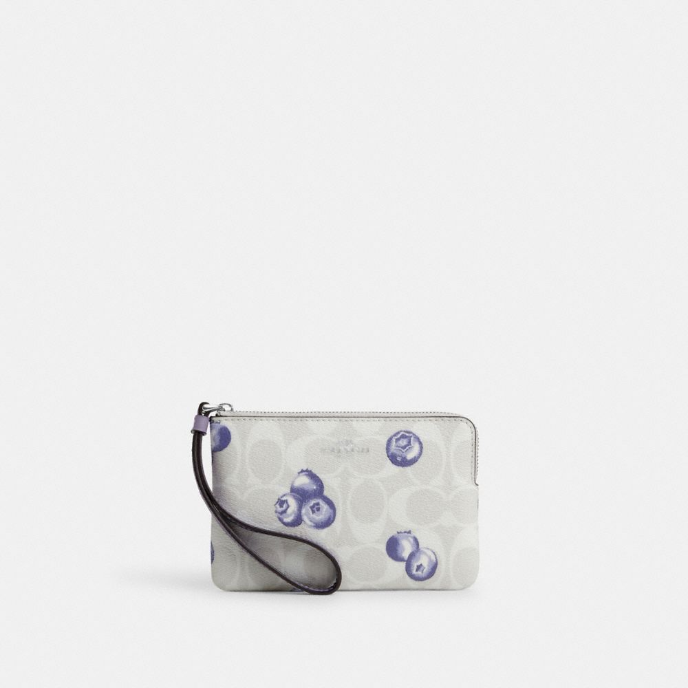 COACH®,CORNER ZIP WRISTLET IN SIGNATURE CANVAS WITH BLUEBERRY PRINT,pvc,Silver/Chalk/Light Violet,Front View