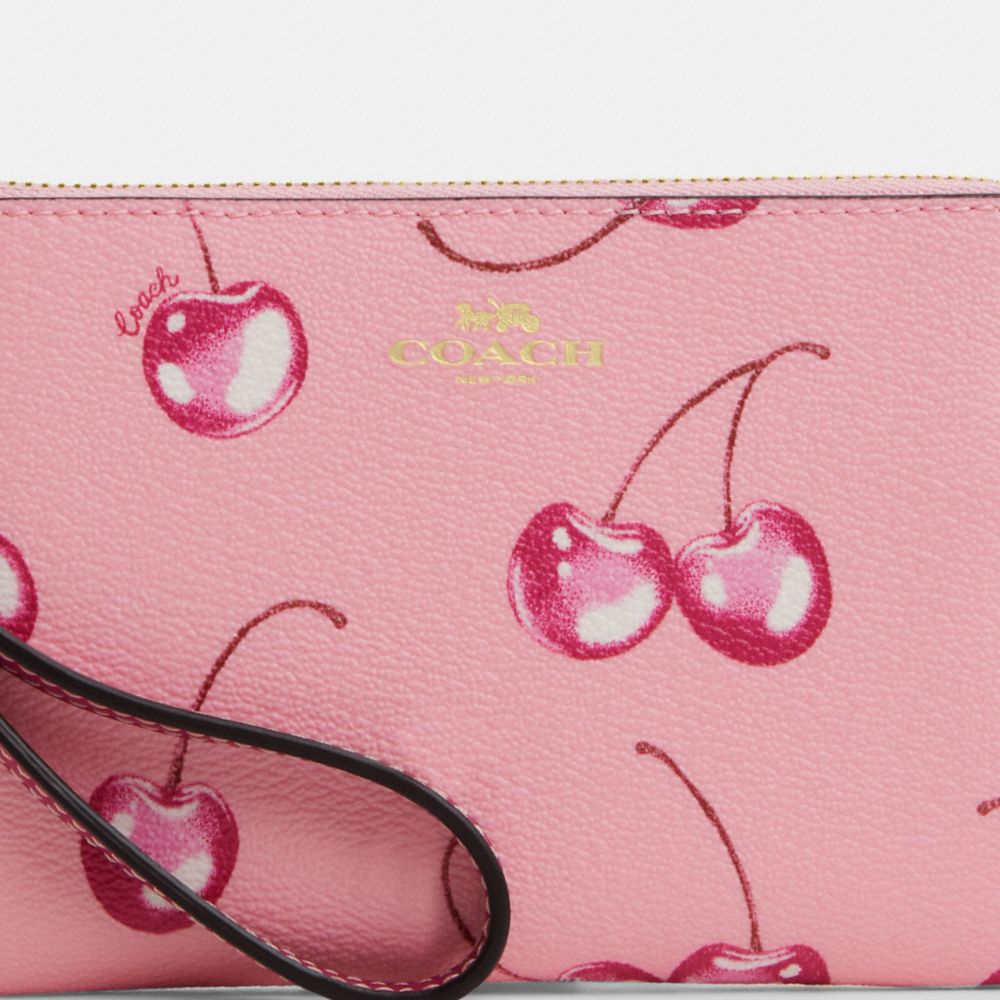 COACH®,CORNER ZIP WRISTLET WITH CHERRY PRINT,Novelty Print,Mini,Im/Flower Pink/Bright Violet