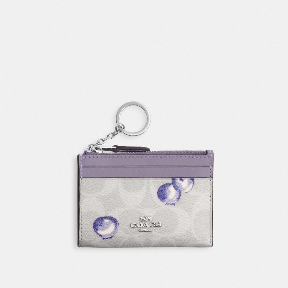 COACH®,MINI SKINNY ID CASE IN SIGNATURE CANVAS WITH BLUEBERRY PRINT,Signature Canvas,Mini,Silver/Chalk/Light Violet,Front View