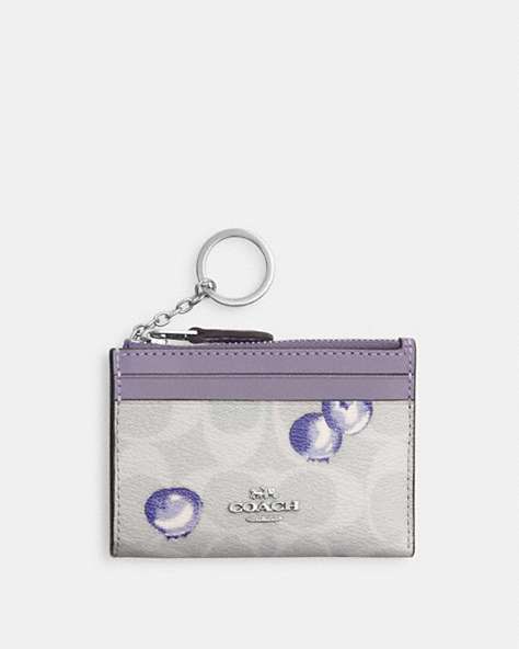 COACH®,MINI SKINNY ID CASE IN SIGNATURE CANVAS WITH BLUEBERRY PRINT,Leather,Silver/Chalk/Light Violet,Front View