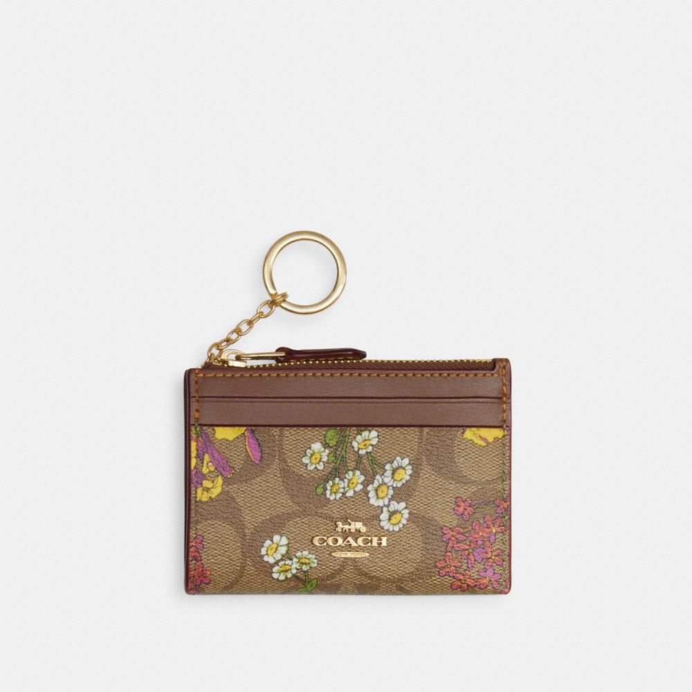 COACH®,MINI SKINNY ID CASE IN SIGNATURE CANVAS WITH FLORAL PRINT,Signature Canvas,Mini,Gold/Khaki Multi,Front View image number 0