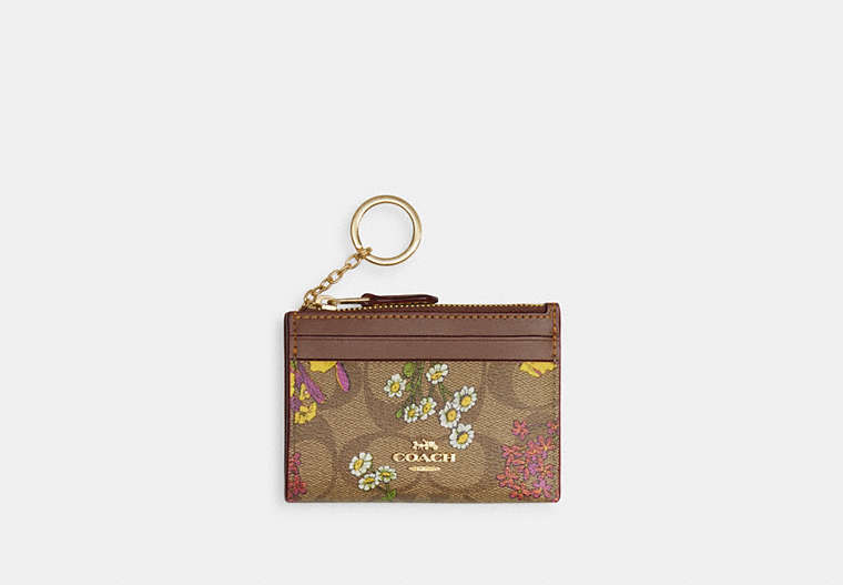 COACH®,MINI SKINNY ID CASE IN SIGNATURE CANVAS WITH FLORAL PRINT,pvc,Mini,Gold/Khaki Multi,Front View image number 0