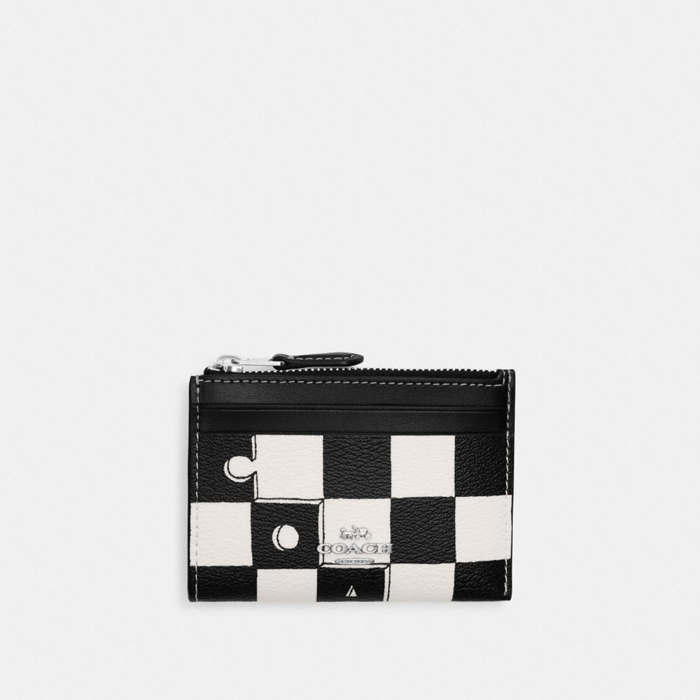 COACH®,MINI SKINNY ID CASE WITH CHECKERBOARD PRINT,Novelty Print,Silver/Black/Chalk,Front View