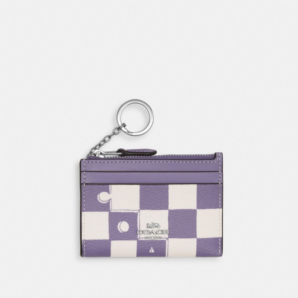 COACH®,MINI SKINNY ID CASE WITH CHECKERBOARD PRINT,Novelty Print,Silver/Light Violet/Chalk,Front View