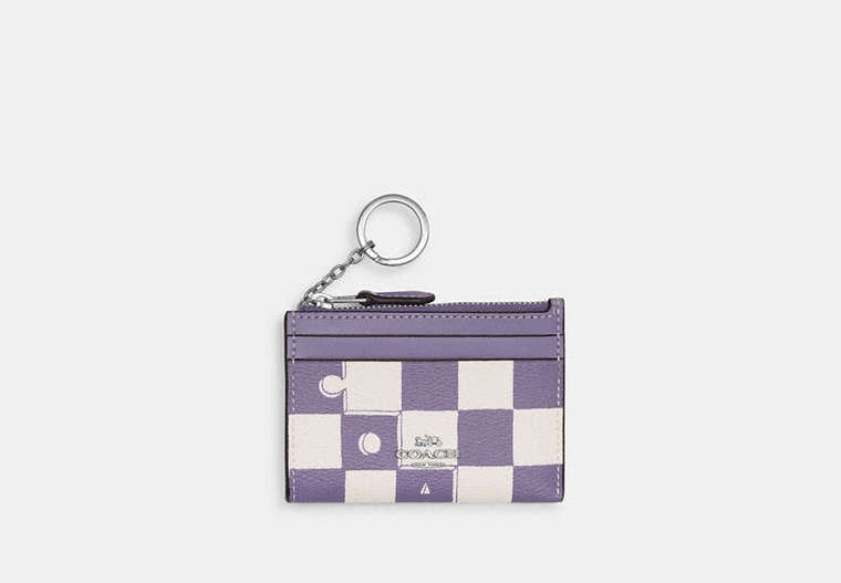 COACH®,MINI SKINNY ID CASE WITH CHECKERBOARD PRINT,pvc,Silver/Light Violet/Chalk,Front View