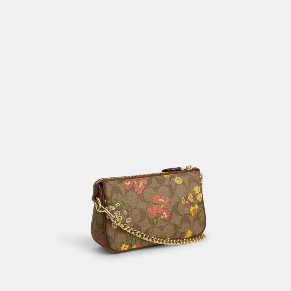 COACH®,Nolita 19 In Signature Canvas With Floral Print,Canvas,Wristlet,Shoulder Bag,Logo,Gold Metal,Casual,Day Party,Brown,Angle View